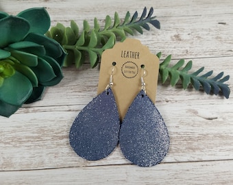 Metallic Navy Blue Leather Teardrop Earrings