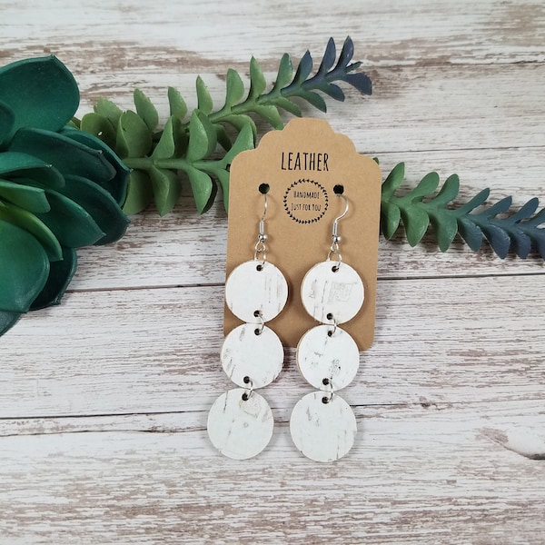 Circle White Cork Leather Back Cutout Dangle Earrings/Gift for her under 10/Firm Leather Trio Drop Earrings/Durable Statement Earrings