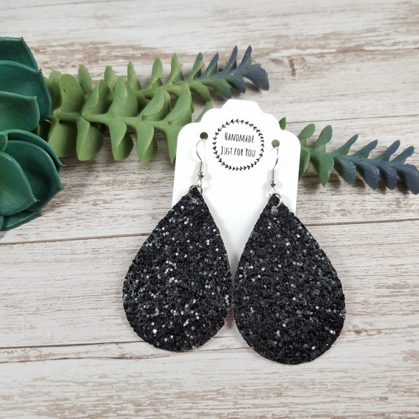 Holiday Sequin Sparkle Black Glitter Textured Teardrop Earrings/Christmas New Year Holiday Earrings/Gift for her under 10/Dangle and Drop