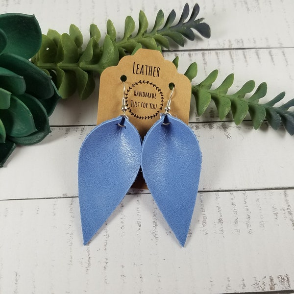 Long Cornflower Blue Worn Leather Pinched Leaf Earrings/Genuine Leather Petal Earrings/Gift for her under 10/Statement Lightweight Earrings