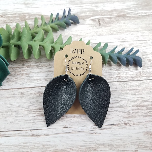 Small Black Leather Earrings/Textured Pinched Leaf Earrings/Gift for Her under 10/Dangle and Drop Earrings/Statement Petal Earrings