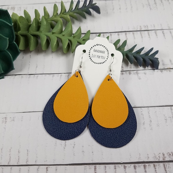 Large Gold and Navy Blue Sports Team Layered Teardrop Earrings/Gift for her under 10/Gift for Sports Fan/Mustard Yellow Navy Blue