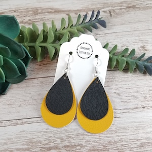 Small Black and Gold Yellow Layered Teardrop Earrings/Sports Team Color Earrings/Vinyl Plastic Durable Easy to Wear Statement Earrings/Drop