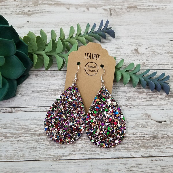 Leather Holiday Sequin Sparkle Rainbow Glitter Teardrop Earrings/Christmas New Year Holiday Earrings/Gift for her under 10/Dangle Drop