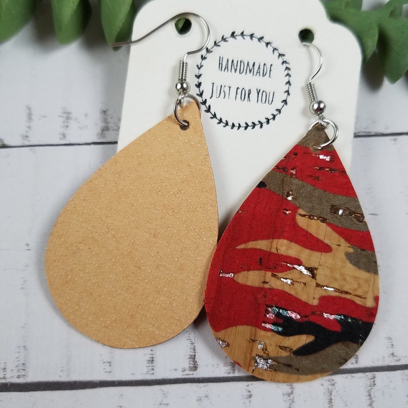 Small Camo EarringsCamouflage Cork Teardrop EarringsMilitary Lightweight EarringGift for Her under 10Statement Dangle and Drop Earrings