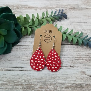 Mini Red Dot Teardrop Cork Leather Earrings/Mushroom Theme Firm Dangle Drop Petal Leather Earring/Easy to wear Leather Jewelry/Gift for her