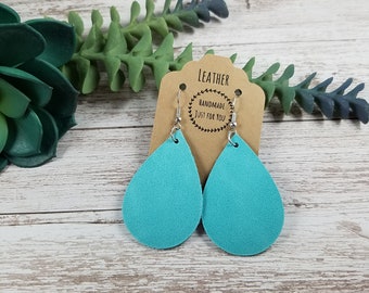 Small Turquoise Blue Leather Teardrop Earrings/Soft Genuine Leather Petal Earrings/Gift for Her under 10/Dangle and Drop Leather Jewelry