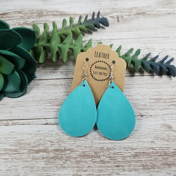 Small Turquoise Blue Leather Teardrop Earrings/Soft Genuine Leather Petal Earrings/Gift for Her under 10/Dangle and Drop Leather Jewelry