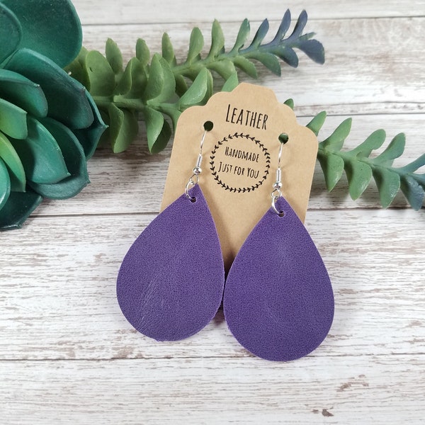 Small Purple Eggplant Amethyst Worn Leather Teardrop Earrings/Genuine Leather Petal Earrings/Gift under 10/Statement Lightweight Earrings