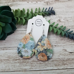 Wood Teardrop Earrings/Decoupage Floral Paper and Wood Earrings/Dangle Drop Earrings/Shabby Chic Flower Accessories/Gift for Her Under 10