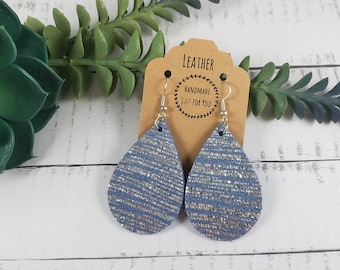 Small Blue Teardrop Leather Earrings, Metallic Silver Lines