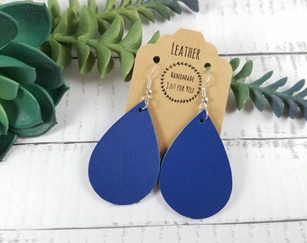 Small Royal Blue Smooth Leather Teardrop Earrings