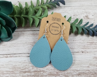 Small Blue Teardrop Leather Earrings