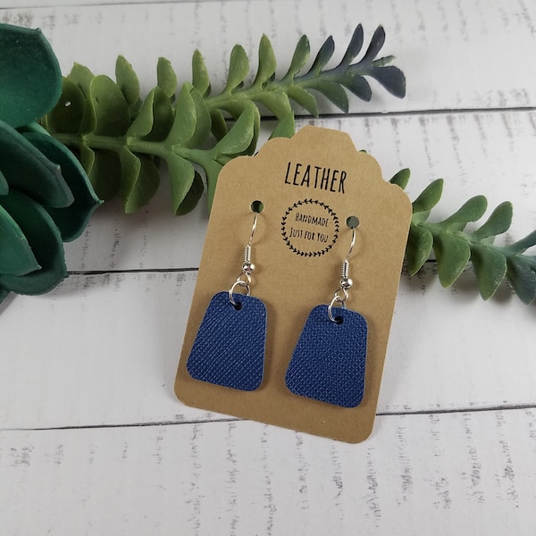 Mini Navy Blue Trapezoid Textured Leather Earrings/Petite Small Geometric Earrings/Gift for her under 10/Dangle Drop Leather Earrings