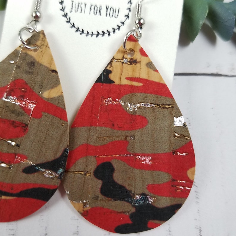 Small Camo EarringsCamouflage Cork Teardrop EarringsMilitary Lightweight EarringGift for Her under 10Statement Dangle and Drop Earrings