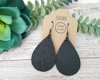 Small Matte Black Teardrop Leather Earrings, Textured Design