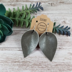 Gray Worn Leather Earrings/Pinched Leaf Earrings/Gift for her under 10/Genuine Leather/Statement Earrings/Soft Leather/Dangle and Drop