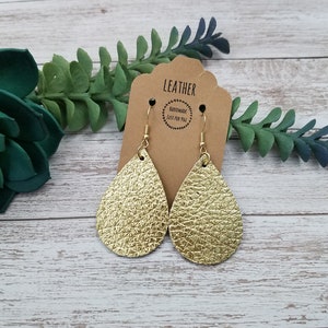Small Metallic Gold Leather Teardrop Earrings/Soft Textured Petal Earrings/Gift for Her under 10/Dangle Drop Leather Jewelry Accessories