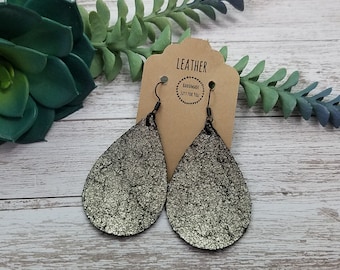 Black and Platinum Suede Teardrop Leather Earrings