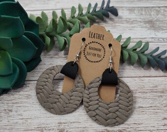 Taupe Brown Gray Suede Circle Leather Earrings, Black Accent