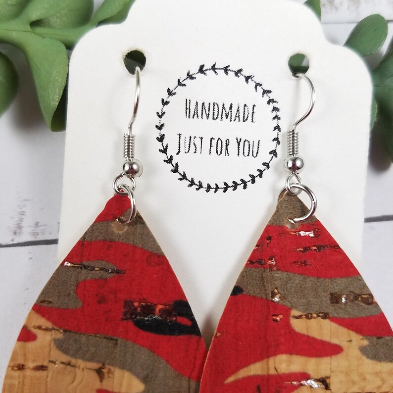 Small Camo EarringsCamouflage Cork Teardrop EarringsMilitary Lightweight EarringGift for Her under 10Statement Dangle and Drop Earrings