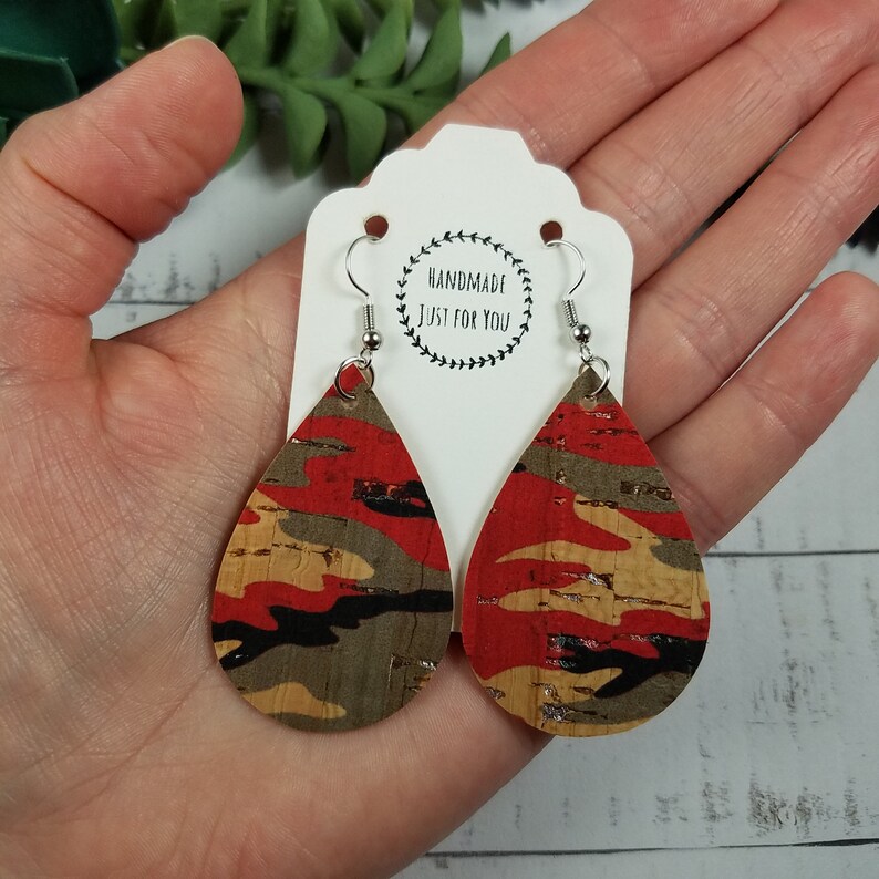 Small Camo EarringsCamouflage Cork Teardrop EarringsMilitary Lightweight EarringGift for Her under 10Statement Dangle and Drop Earrings