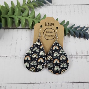 Small Rainbow Cork Leather Teardrop Earrings/Modern Boho Earrings/Statement Rainbow Print Jewelry/Lightweight Cork Gift for Her under 10
