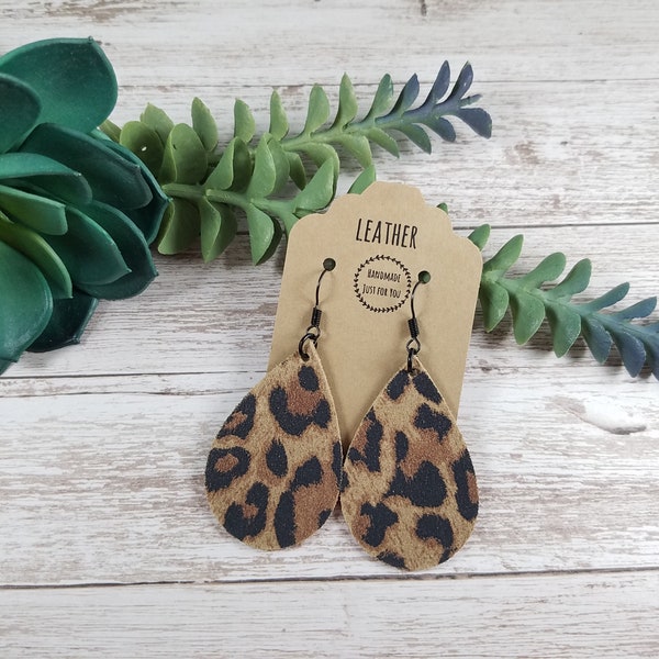 Small Cheetah Suede Teardrop Earrings/Soft Animal Leopard Black Tan Brown Print Petal Earrings/Gift for Her under 10/Dangle Leather Earrings
