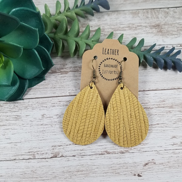 Small Mustard Yellow Suede Leather Teardrop Earring/Textured Lines Petal Earring/Holiday Gift for Her under 10/Statement Dangle Drop Earring