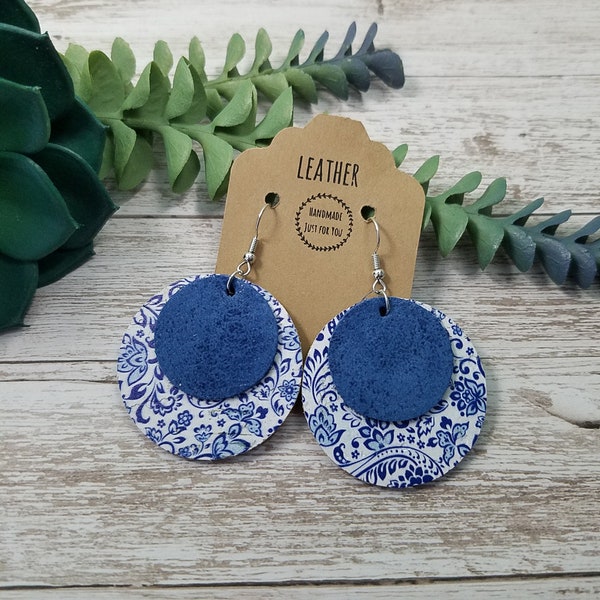 Blue and White Circle Cutout Dangle Earrings/Layered Floral Cork and Leather Circle Earrings/Gift for Her under 10/Statement Drop Earrings