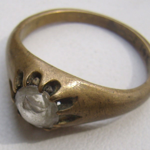 Reduced...Antique Vintage Brass Looking Ring...Antique Prongs...Crystal Center...Marked 14K On Inside