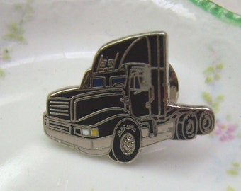 Reduced...Vintage Silver Enamel Semi Truck Tie Tack...Enamel Headlights and Blue Enamel Windows...Truck Drivers