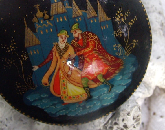 Vintage Signed Hand Painted Russian Brooch...Black