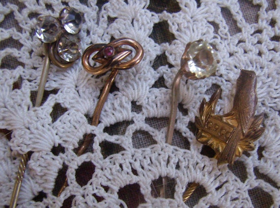Antique Gold Tone Lapel Pins: Love Knot, Bird, Crystal - Set of 4