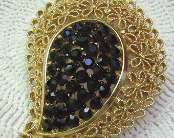 Vintage Karu Arke Rhinestone Brooch, Gold Floral Design