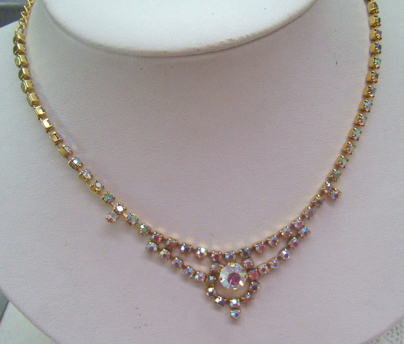 Vintage Aurora Borealis strass chokerhalsband .... Gift TRIAD örhängen med klämma ... Bröllop bild 3