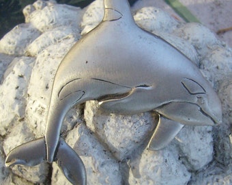 Vintage Signed Pewter Whale/Dolphin Brooch...Signed Blackfish Pewter....1995...Aquatic Jewelry...Canada