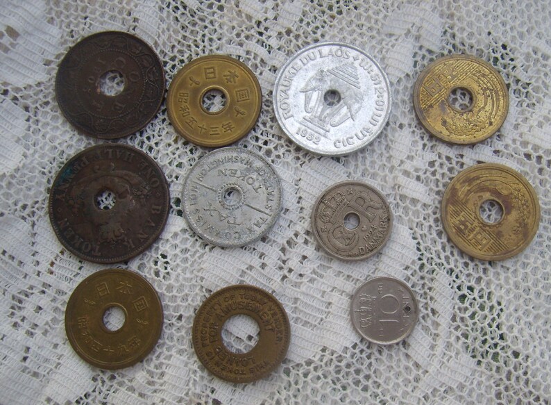 Vintage Lot of 10 Coins...Holes In Center...Lot of Genuine Etsy