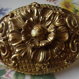 Art Nouveau Revival Gold Tone Metal Floral Brooch....Large Oval Raised Flowers....Well Worn and Well Loved