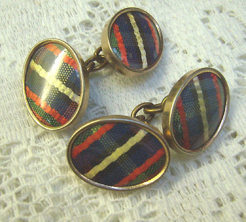 Oval SCOTTISH Two Sided Cufflinks...Scottish Accessories Reduced...Vintage Scottish Plaid Tartan Chain Link Cufflinks..