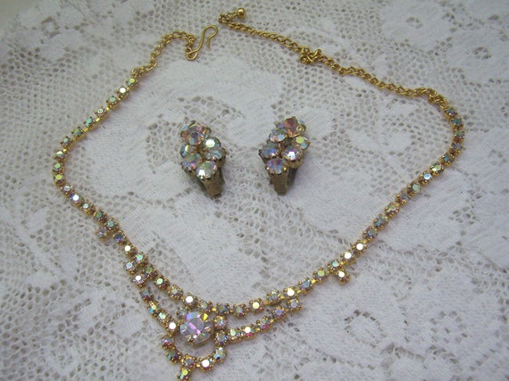 Vintage Aurora Borealis Rhinestone Choker Necklace....Married TRIAD Clip Back Earrings...Wedding