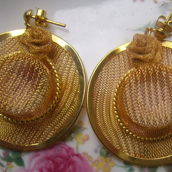 Vintage Gold Mesh Hat Dangle Post Back Earrings...Gardening....Mother...Grandmother....Hat Jewelry...Lightweight