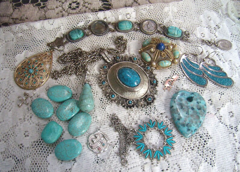 Vintage Lot Turquoise Jewelry...Loose Beads...Sterling Cross and Charm...Scarab Bracelet...Some Repair...Destash Lot...Supplies