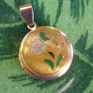 Vintage Gold Floral Hinged Locket...Enamel Designs...Religious Leader Photo Insert...Foreign Religious Leader Photo