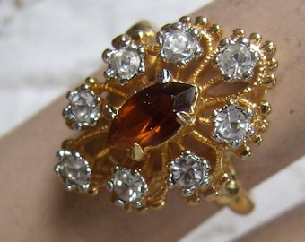 Reduced...Vintage Dark Topaz Colored Rhinestone /Rhinestone Border Cocktail Ring...18K MGE Cluster Ring...Size 8 3/4