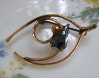 Vintage Good Luck Wishbone Brooch...Black Diamond Teardrop...Signed RAINBOW...Gold Vermeil...Good Luck Pin