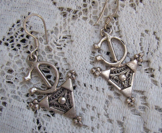 Vintage Silver Fibula Berber Dangle Hook Earrings… - image 1