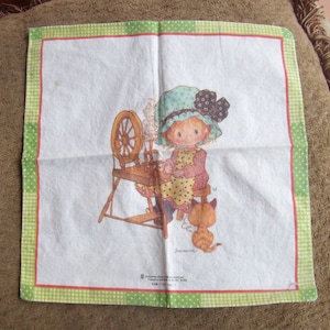 Vintage Nakanishi Japan Zeichentafel Grußkarten... Kleines Mädchen/Spinnrad... Susanna Baumwolle Hankie