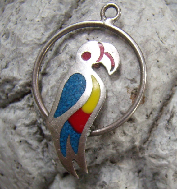 Vintage Sterling Silver Parrot Pendant...Multi Col