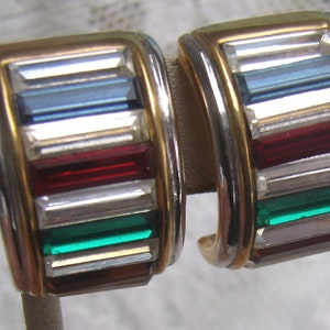 Vintage Multi Colored Crystal Bands...Semi Curved Clip On Earrings...Signed...Gold Tone...Statement Clip Backs
